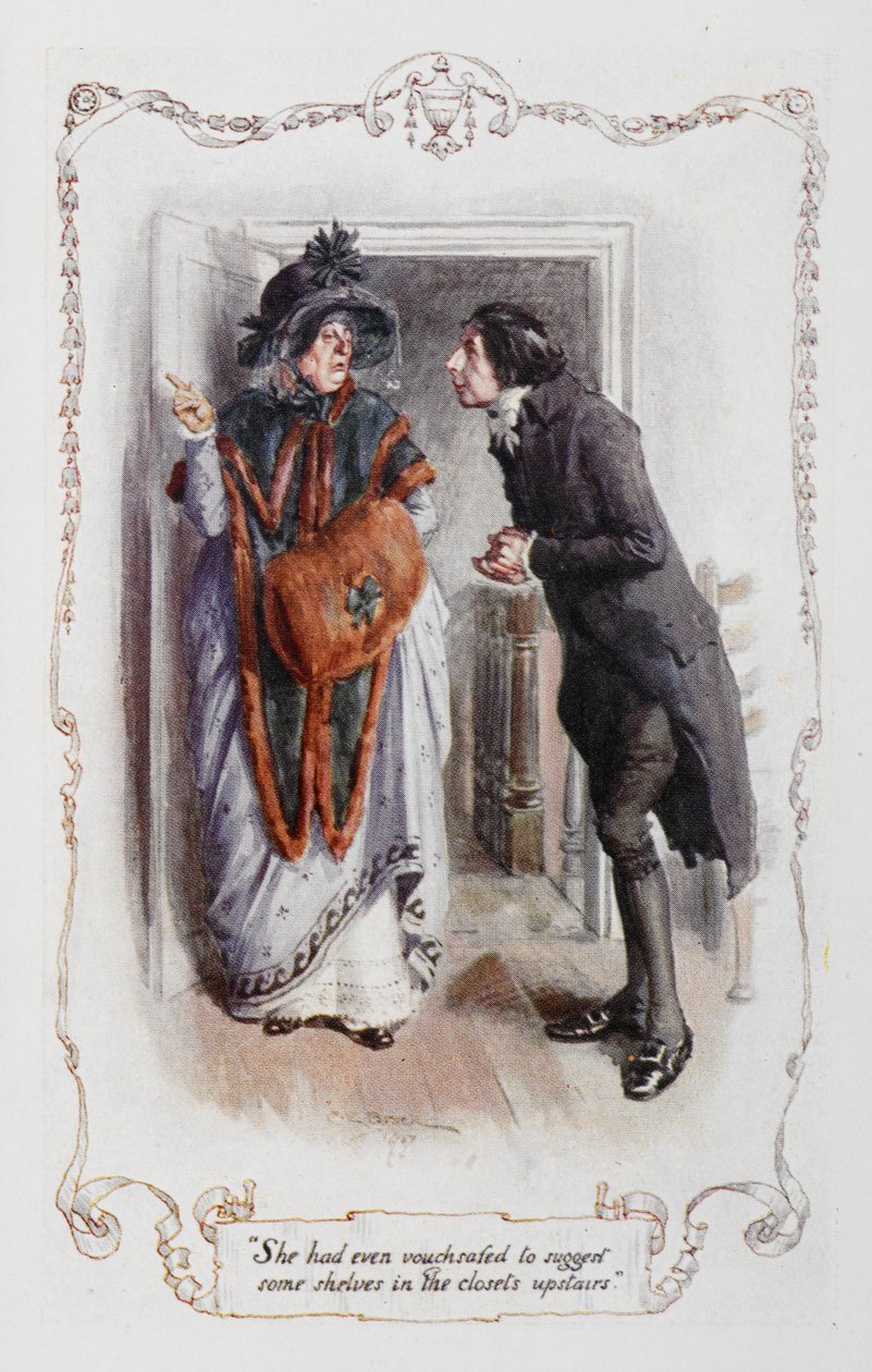 Hon hade till och med gått i god för att föreslå några hyllor i garderoberna på övervåningen", William Collins, illustration till "Stolthet och fördom" av Jane Austen av Charles Edmund Brock