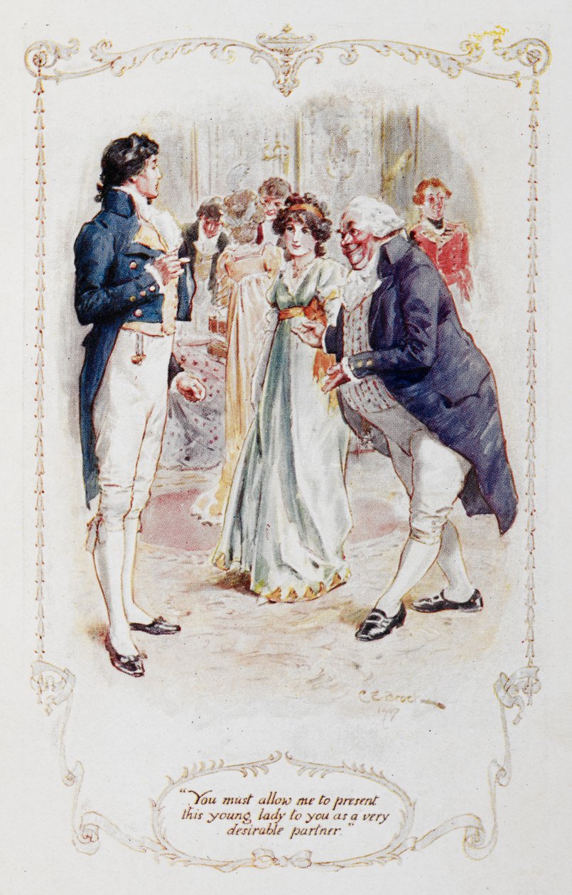 Sir William Lucas: "Mr, Darcy, du måste tillåta mig att presentera denna unga dam för dig som en mycket önskvärd partner (Elizabeth Bennet)," illustration till "Pride and Prejudice" av Jane Austen av Charles Edmund Brock