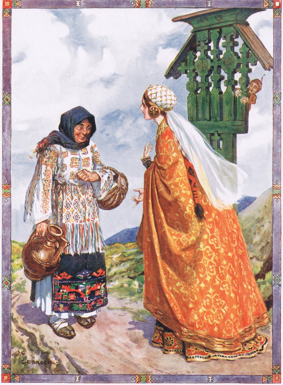 The Princess...asked her to exchange the peasants clothes for her royal garments, scene from Good Luck and Bad Luck in Childrens Stories from Rumanian Legends by Moses Gaster (1856-1939) 1921 (colour  av Charles Edmund Brock