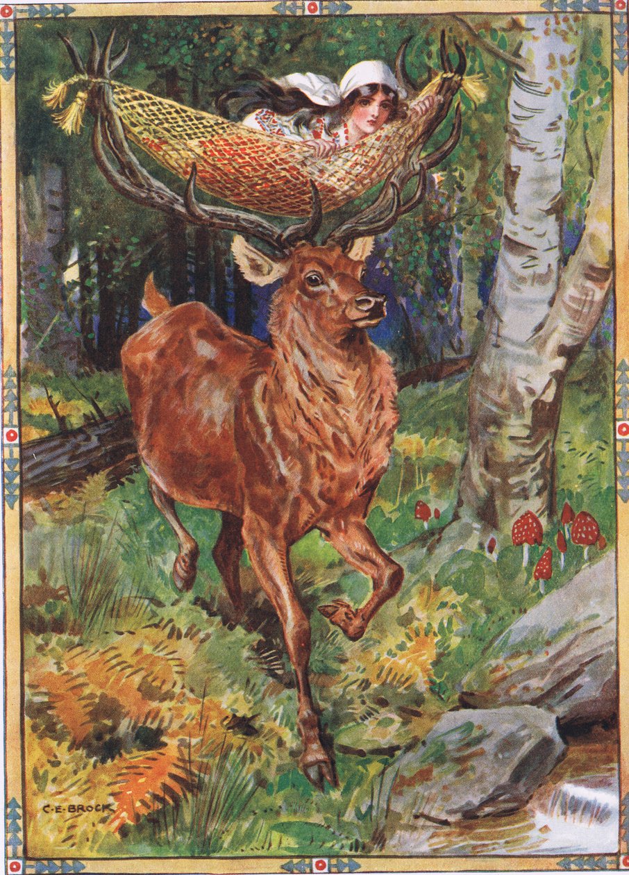 The Stag with the Silken Hammock from Childrens Stories from Rumanian Legends by Moses Gaster (1856-1939) 1921  av Charles Edmund Brock