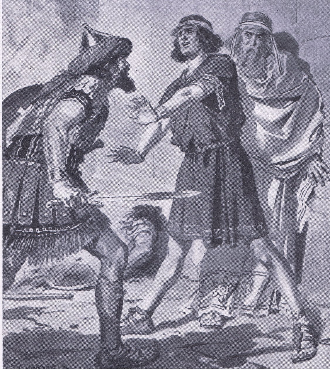 Coesus liv räddat av sin död och dumme son, från My Magazine, pub.1922 (litho) av Charles Edmund Brock