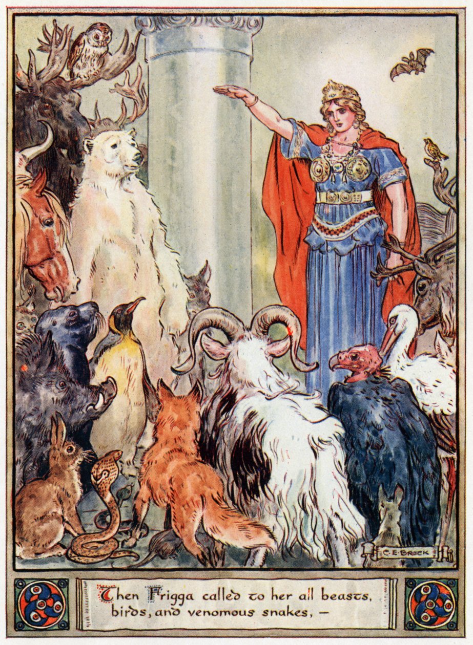 "Då kallade Frigga till henne alla bestar, fåglar och giftormar", illustration från "The Heroes of Asgard, sagor from Scandinavian Mythology", av A und E Keary, 1930 av Charles Edmund Brock