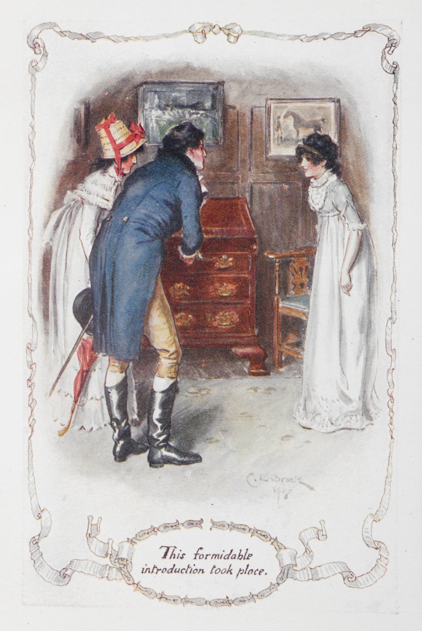 Denna formidabla introduktion ägde rum", Georgina Darcy och hennes bror, Fitzwilliam Darcy, med Elizabeth Bennet, illustration till "Pride and Prejudice" av Jane Austen av Charles Edmund Brock