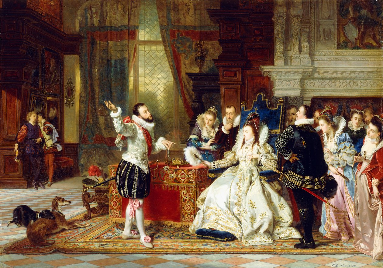 Sir Walter Raleigh och drottning Elizabeth, 1875 av Charles Edouard Boutibonne