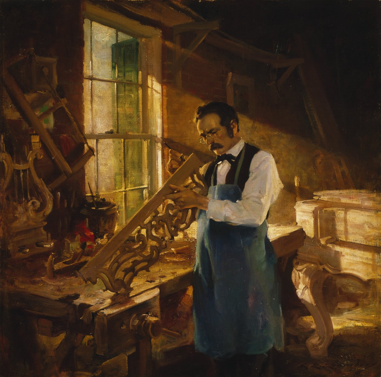 Henry Engelhard Steinway vid sin arbetsbänk, c.1920 av Charles Edward Chambers