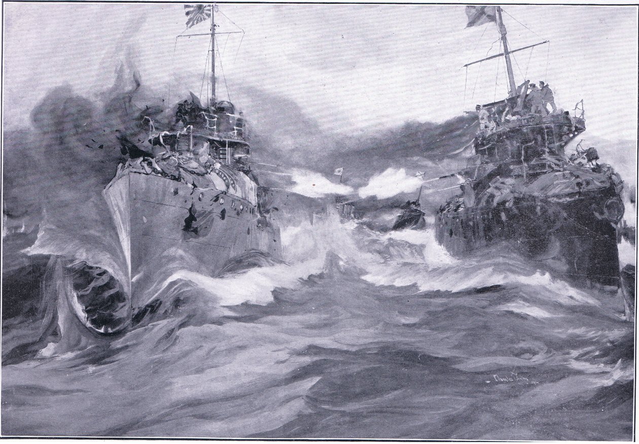 En kamp mellan jagare, illustration från Cassells History of the Russian-Japanese War Vol 1, c.1900 av Charles Edward Dixon