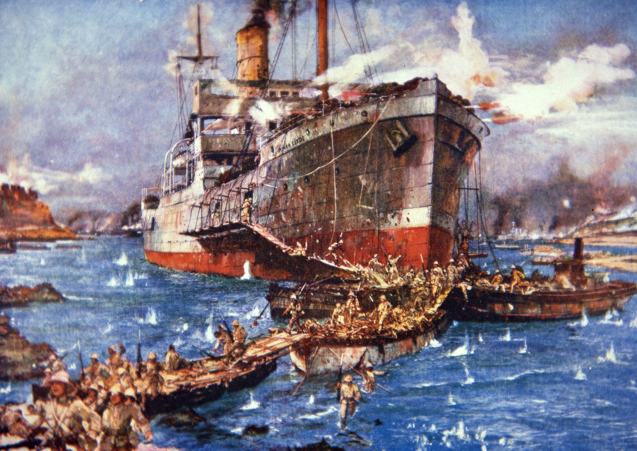 Brittiska trupper från floden Clyde landar vid V Beach, Gallipoli, 25 april 1915 (färg litho) av Charles Edward Dixon