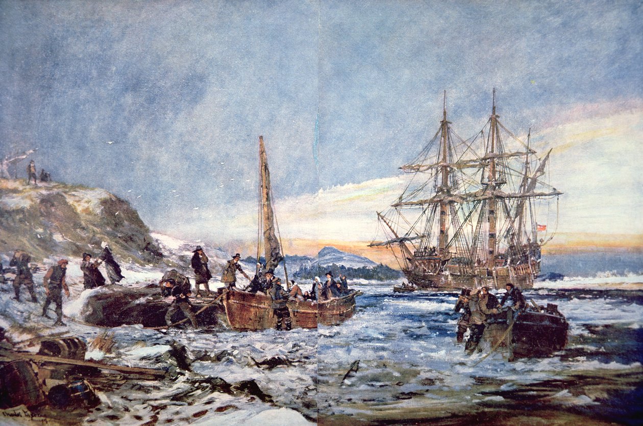 Pilgrimsfädernas landning i Plymouth, New England 1620 (akvarell på papper) av Charles Edward Dixon