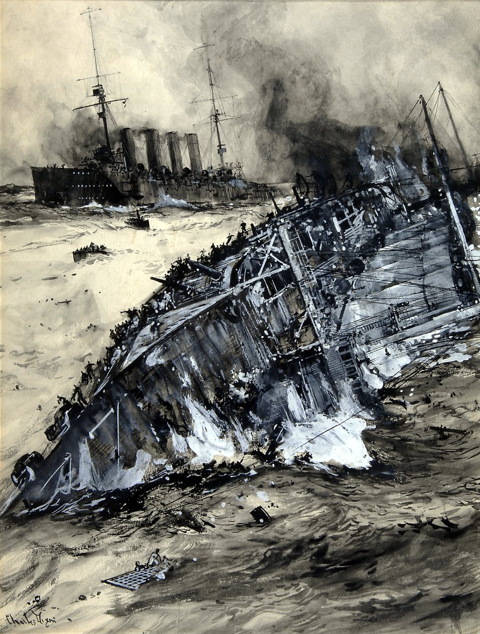 Förlisning av HMS Hogue, Cressy och Aboukir (wc på papper) av Charles Edward Dixon