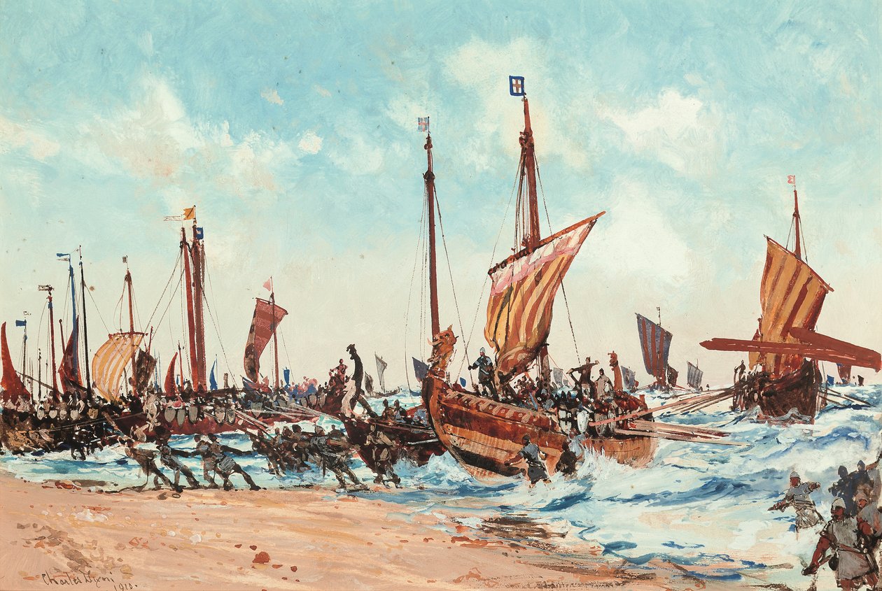 Vilhelm Erövrarens landstigning i Hastings den 28 september 1066 av Charles Edward Dixon