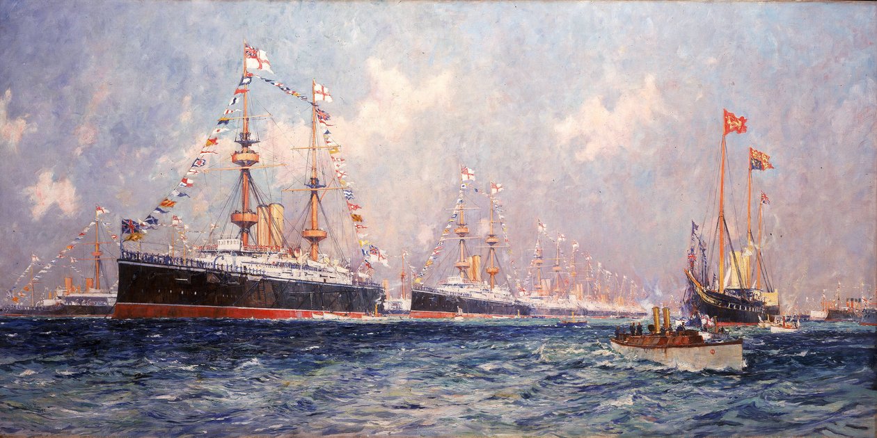 Tidningen under drottning Victorias diamantjubileum (1819-1901) i Spithead (England) den 26 juni 1897 av Charles Edward Dixon