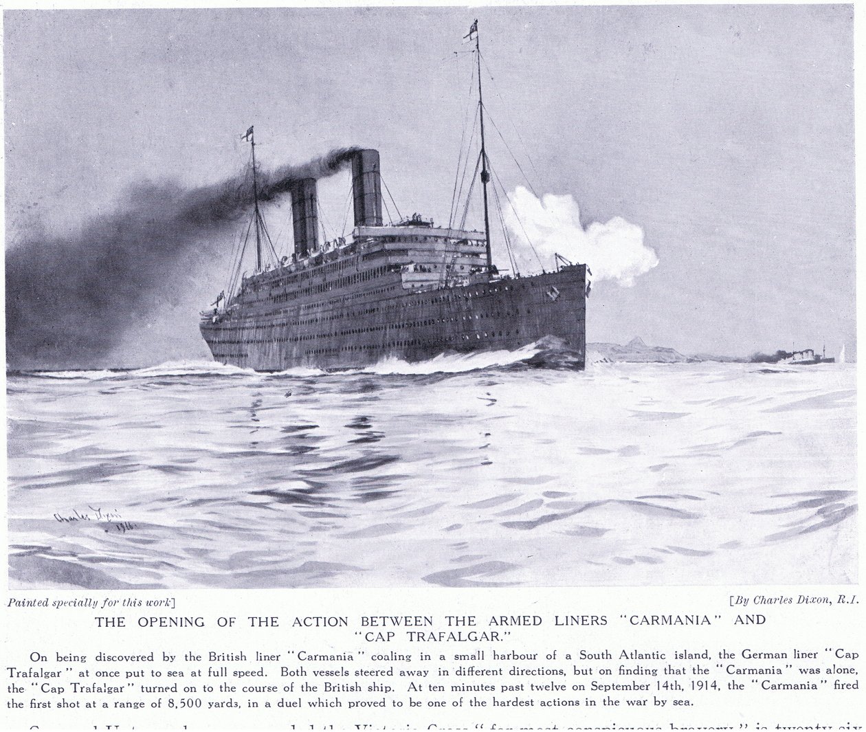 Invigningsaktionen mellan de beväpnade linjefartygen Carmania och Cap Trafalgar, södra Atlanten, september 1915 av Charles Edward Dixon
