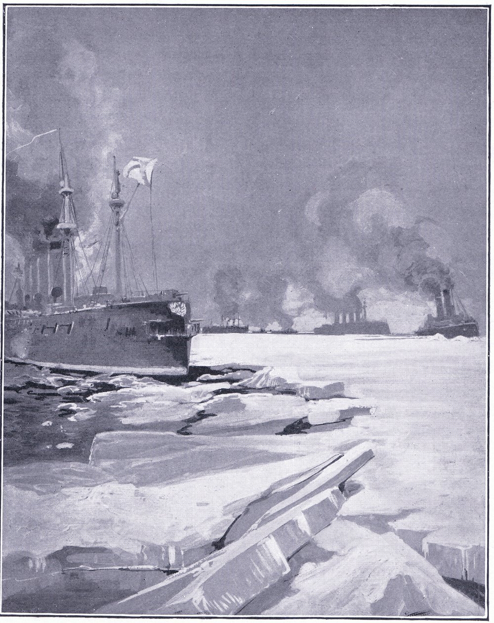Vladivostok-skvadronen tvingar sig genom isen ut ur hamnen i Vladivostok, illustration från Cassells History of the Russian-Japanese War Vol 1, c.1900 av Charles Edward Dixon