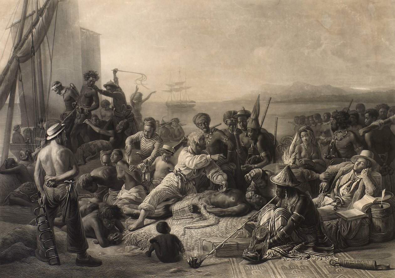 "Scen på Afrikas kust": slavar och slavägare väntar på transport till utlandet. av Charles Edward Wagstaff