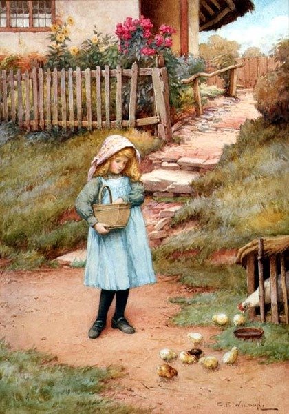 Mata kycklingarna (akvarell) av Charles Edward Wilson