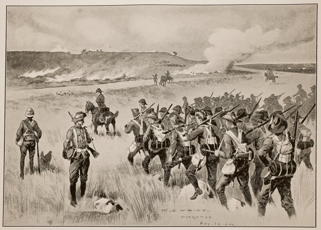 The City of London Imperial Volunteers stöder general Hamiltons vänstra flank i aktionen vid Doornkop den 29 maj 1900 av Charles Edwin Fripp