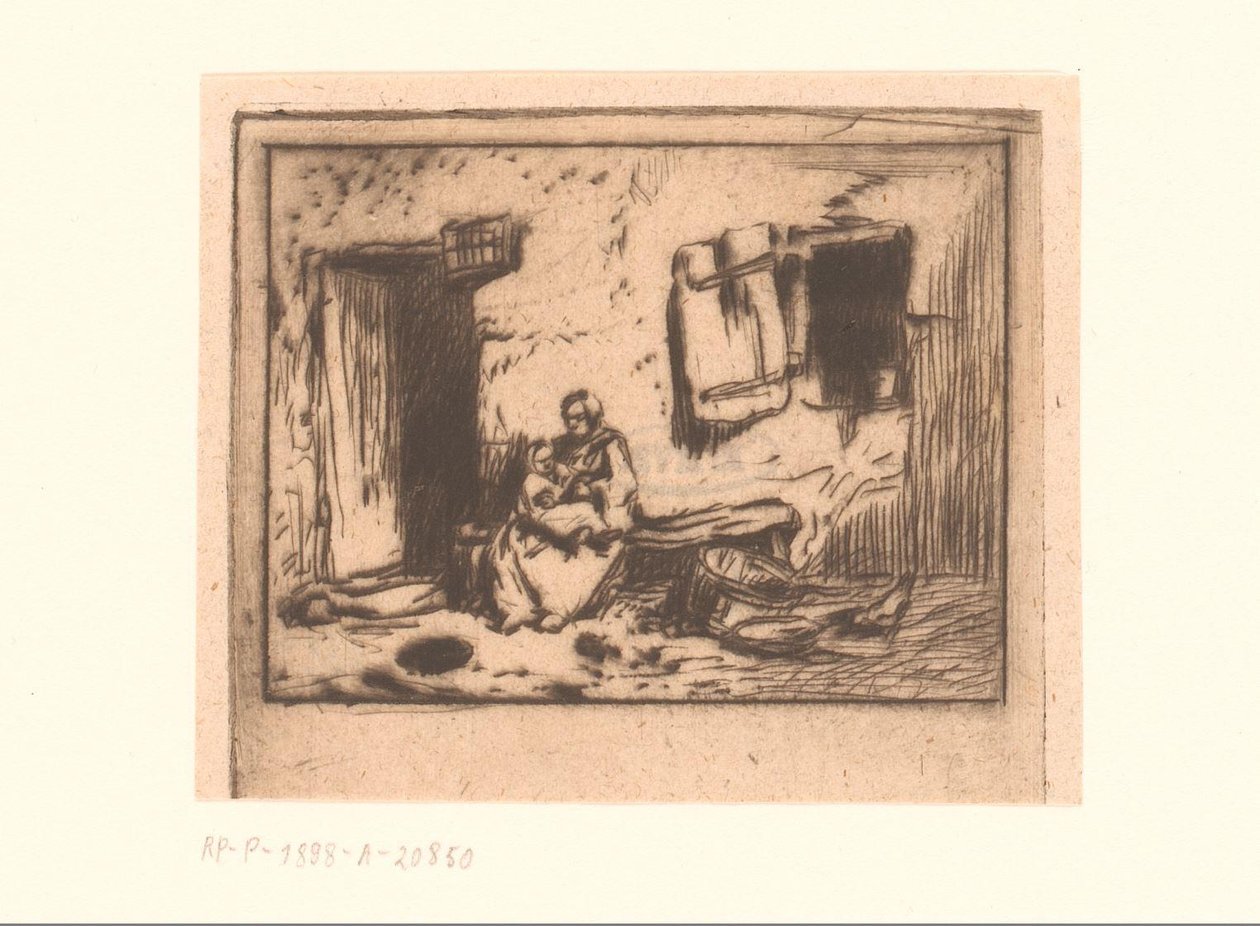 Kvinna med barn på en bänk mot en fasad av Charles Emile Jacque (attributed to)