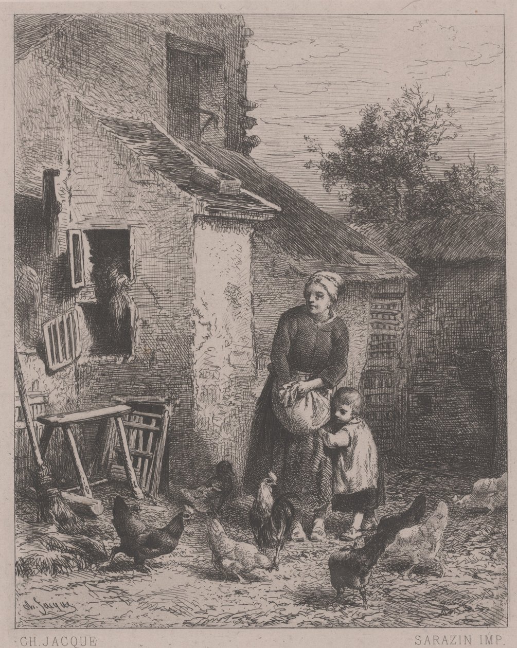 A Corner of Court, eller Un Coin de Cour (etsning, gravyr och torrnål) av Charles Emile Jacque