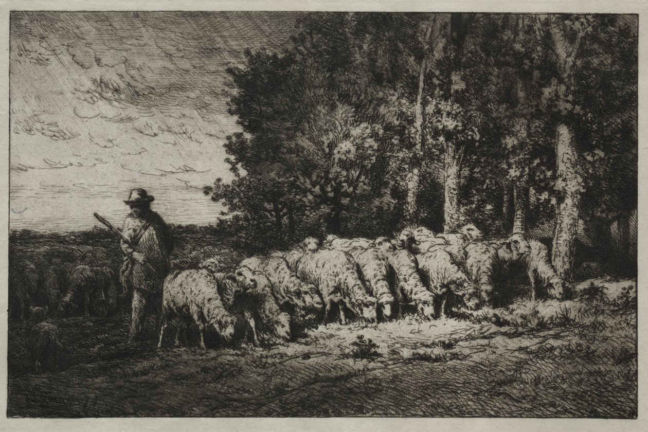 En flock vid kanten av en skog, 1880. av Charles Emile Jacque