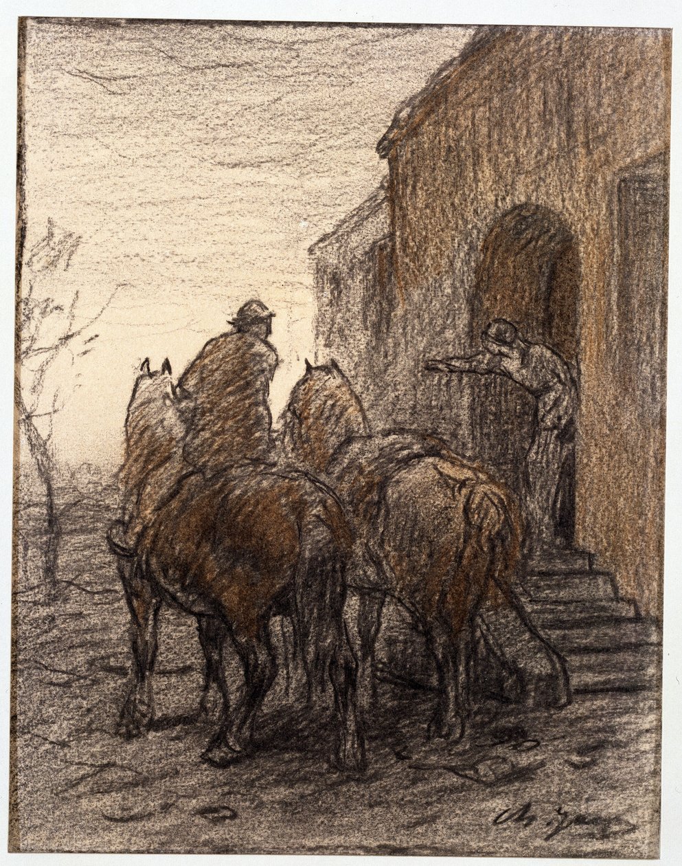 Bonde med två hästar och kvinna som visar vägen av Charles Emile Jacque