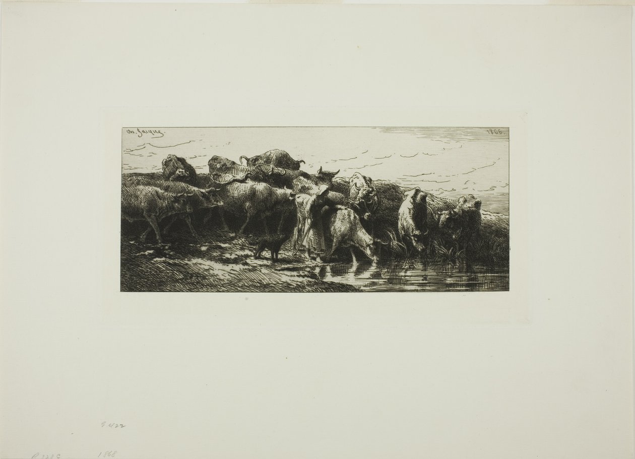 Kor som dricker från floden av Charles Emile Jacque