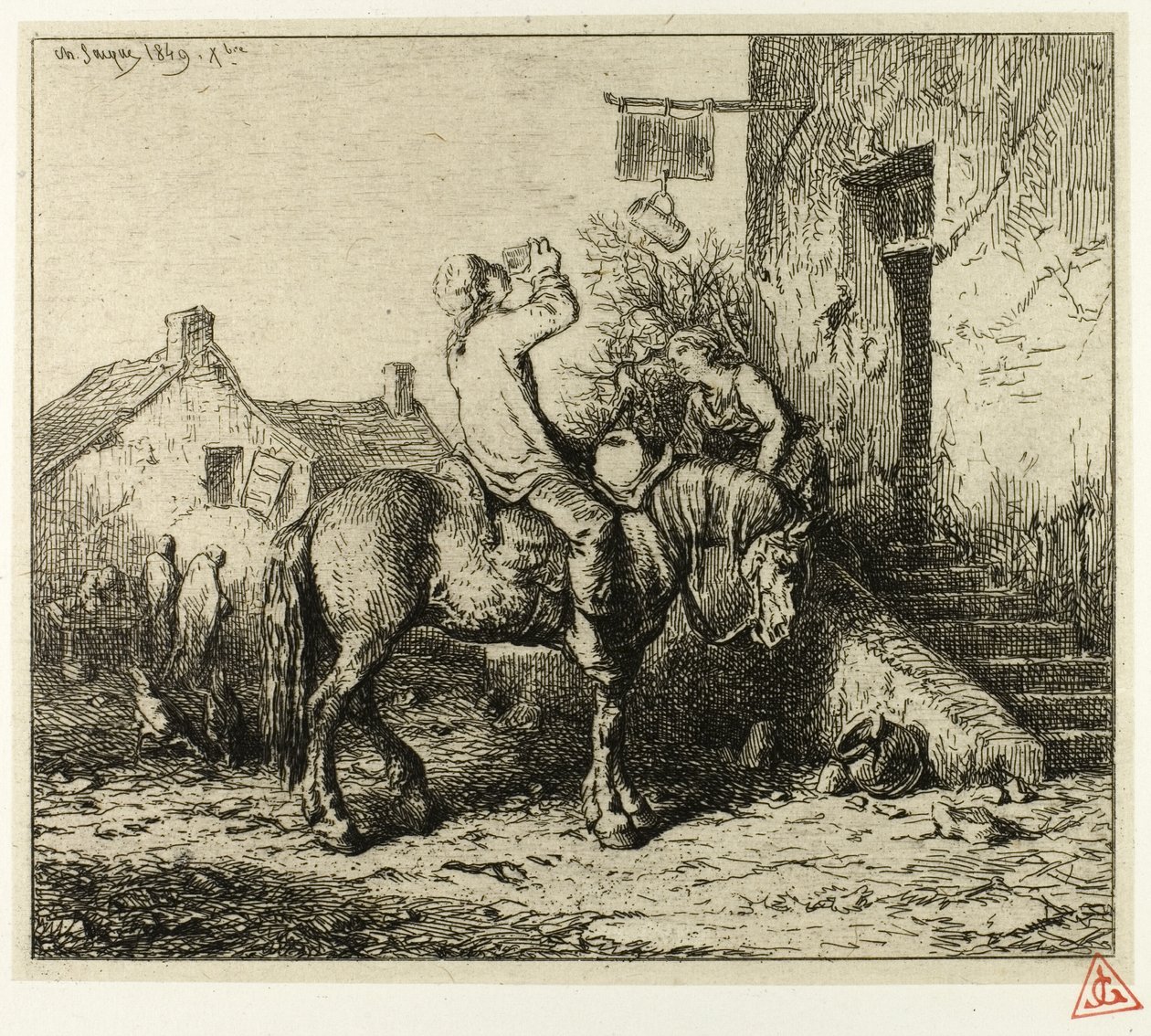 Ingång till ett värdshus, med bonddrickande av Charles Emile Jacque