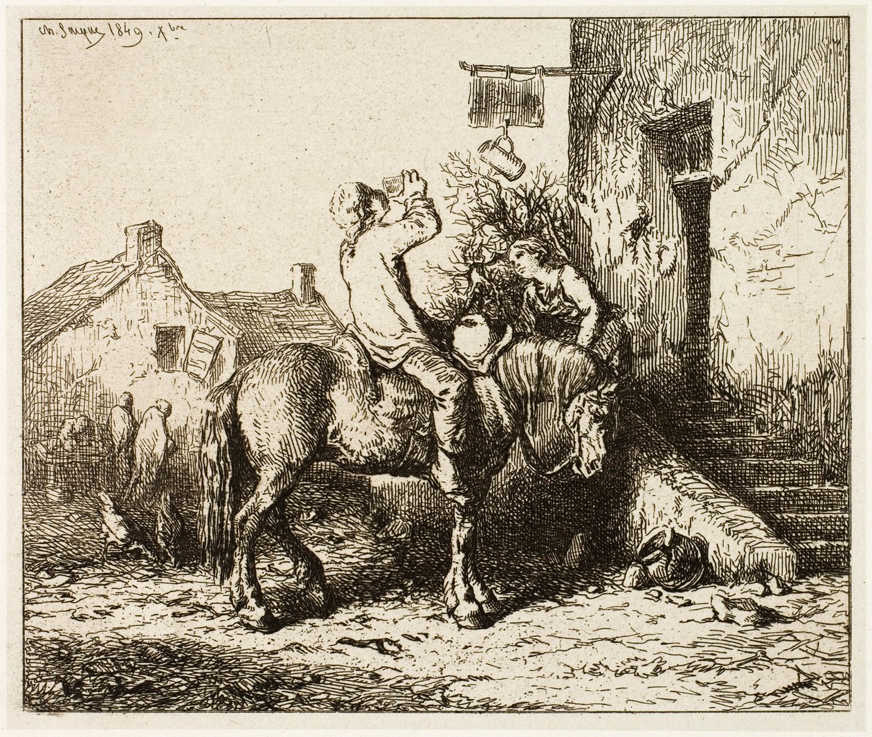 Ingång till ett värdshus, med bonddrickande av Charles Emile Jacque