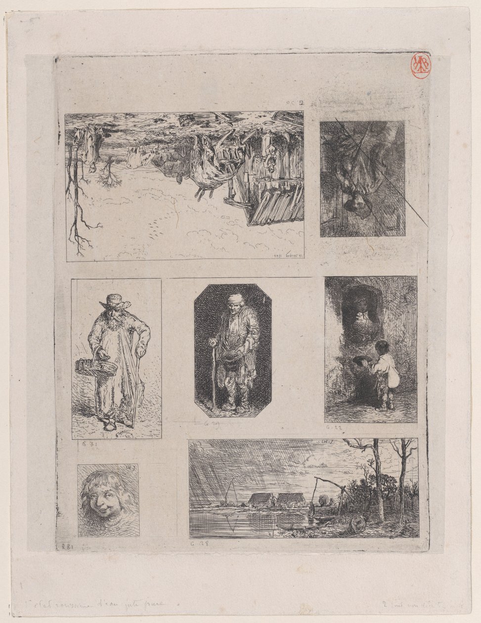 Gårdslandskap a, Sittande bonde b, tiggare c, tiggare d, lille tiggare e, Hea..., 1844. av Charles Emile Jacque