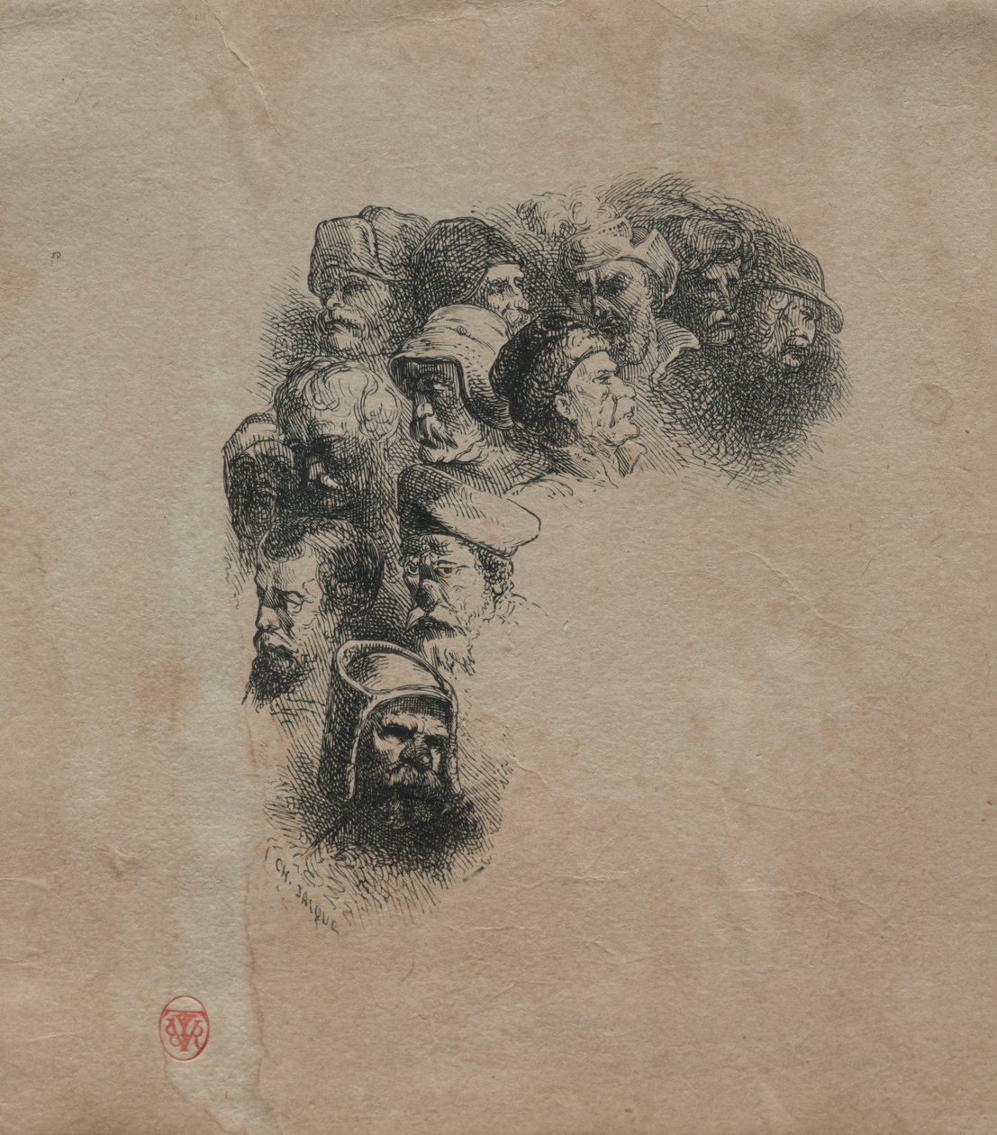 Grupp av huvuden, efter Greuze av Charles Emile Jacque