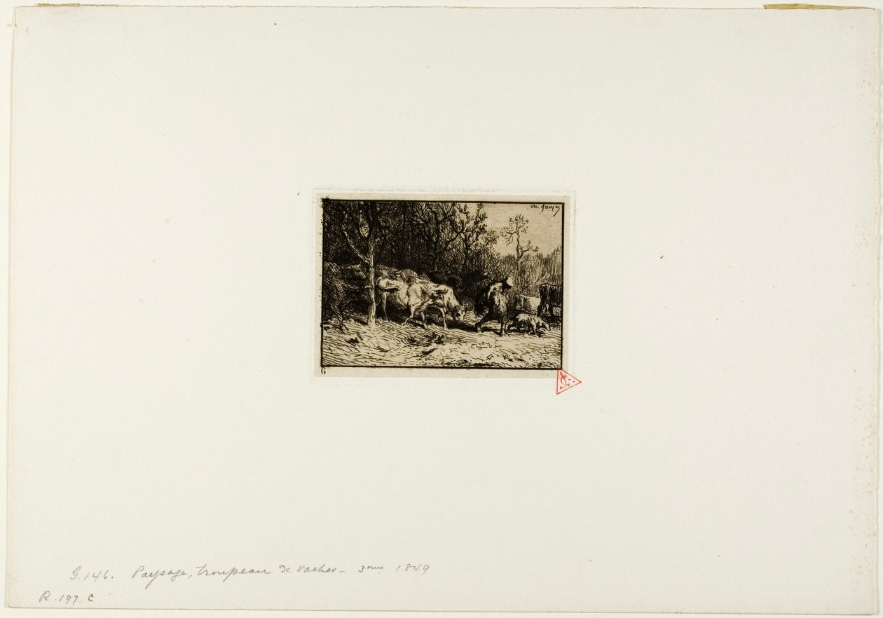 Flock av kor kommer ut ur en skogen av Charles Emile Jacque