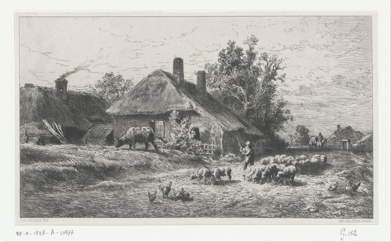 Herde med flock på en väg längs en bondgård av Charles Emile Jacque