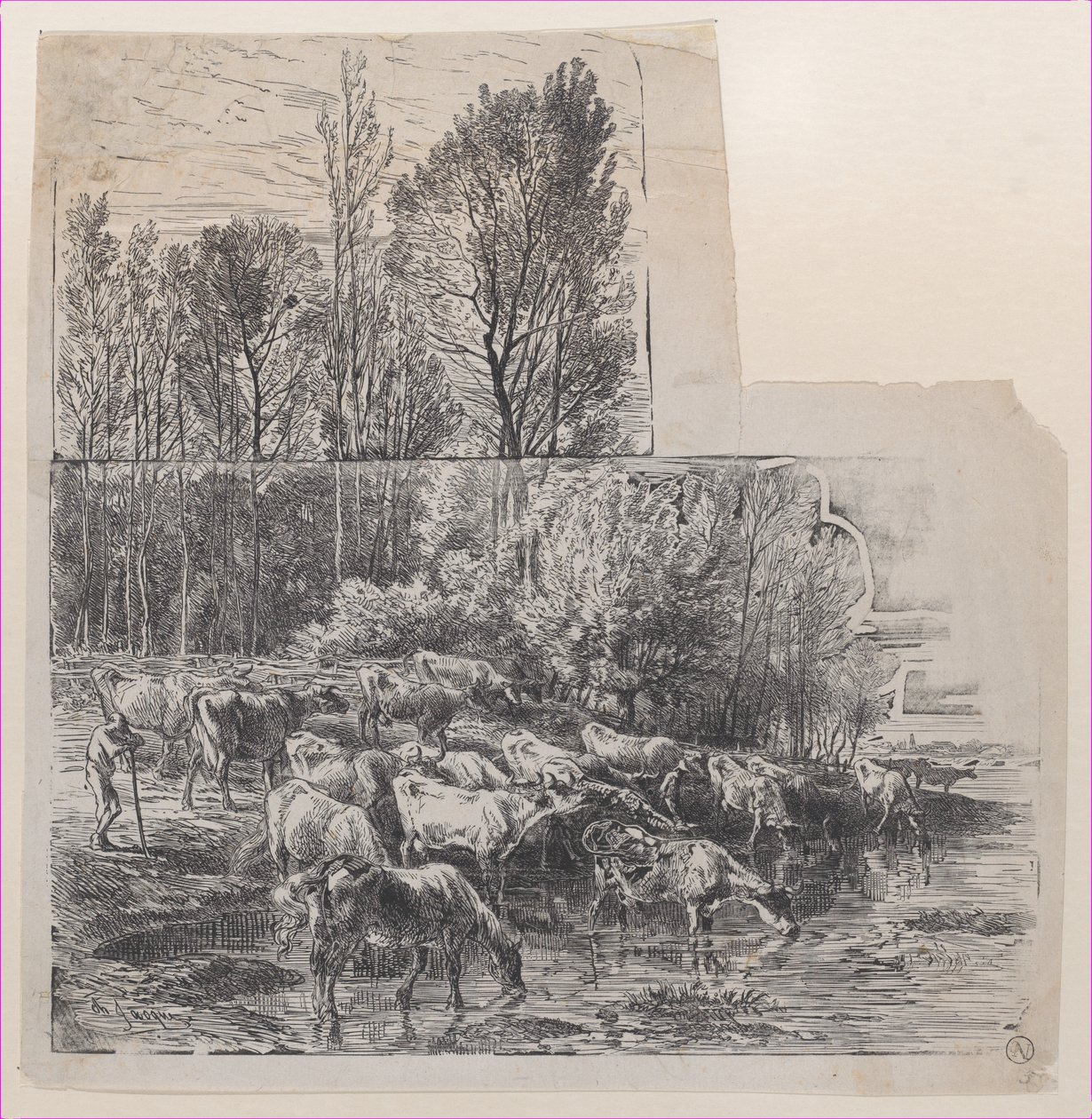 Herdsman and boskap vid Ford, ca. 1850. av Charles Emile Jacque
