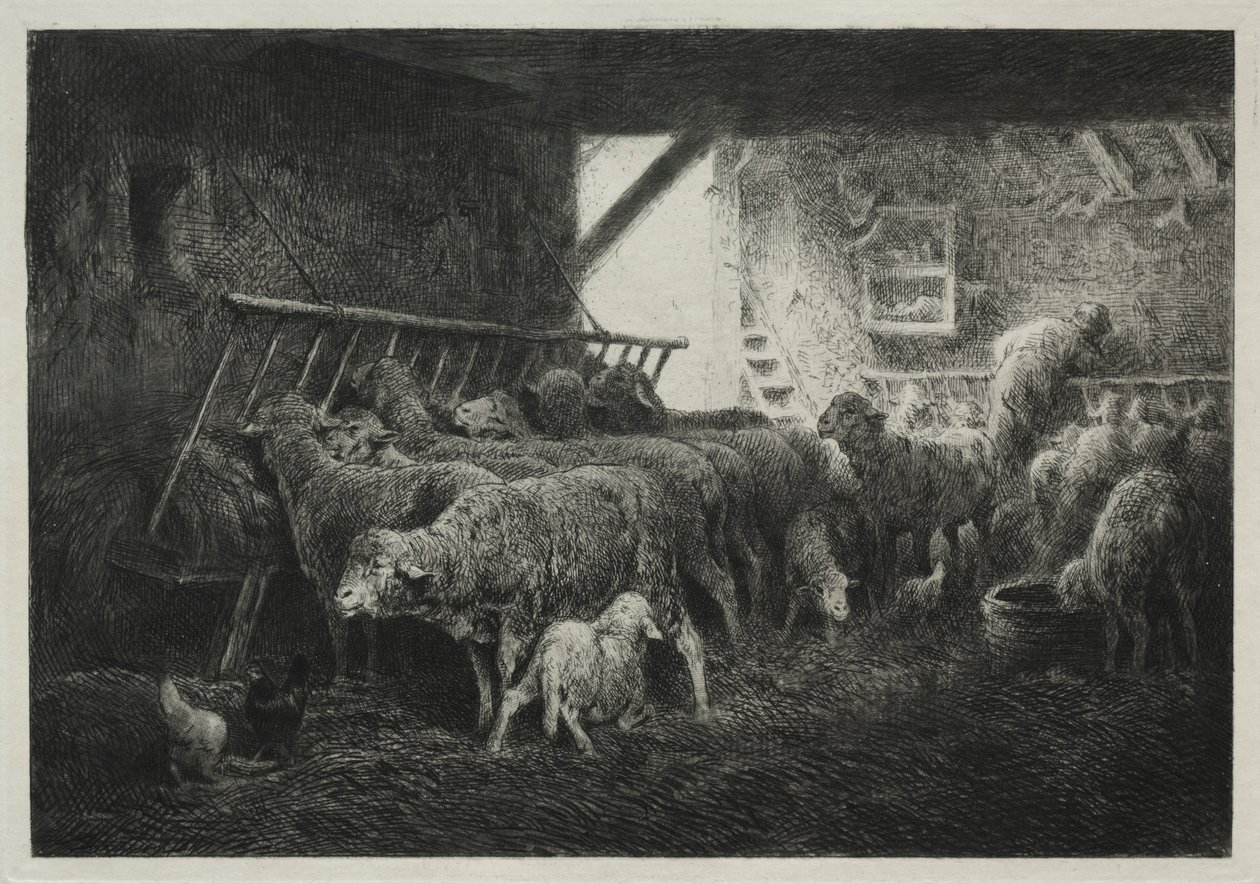 Interiör av fårhägn. av Charles Emile Jacque