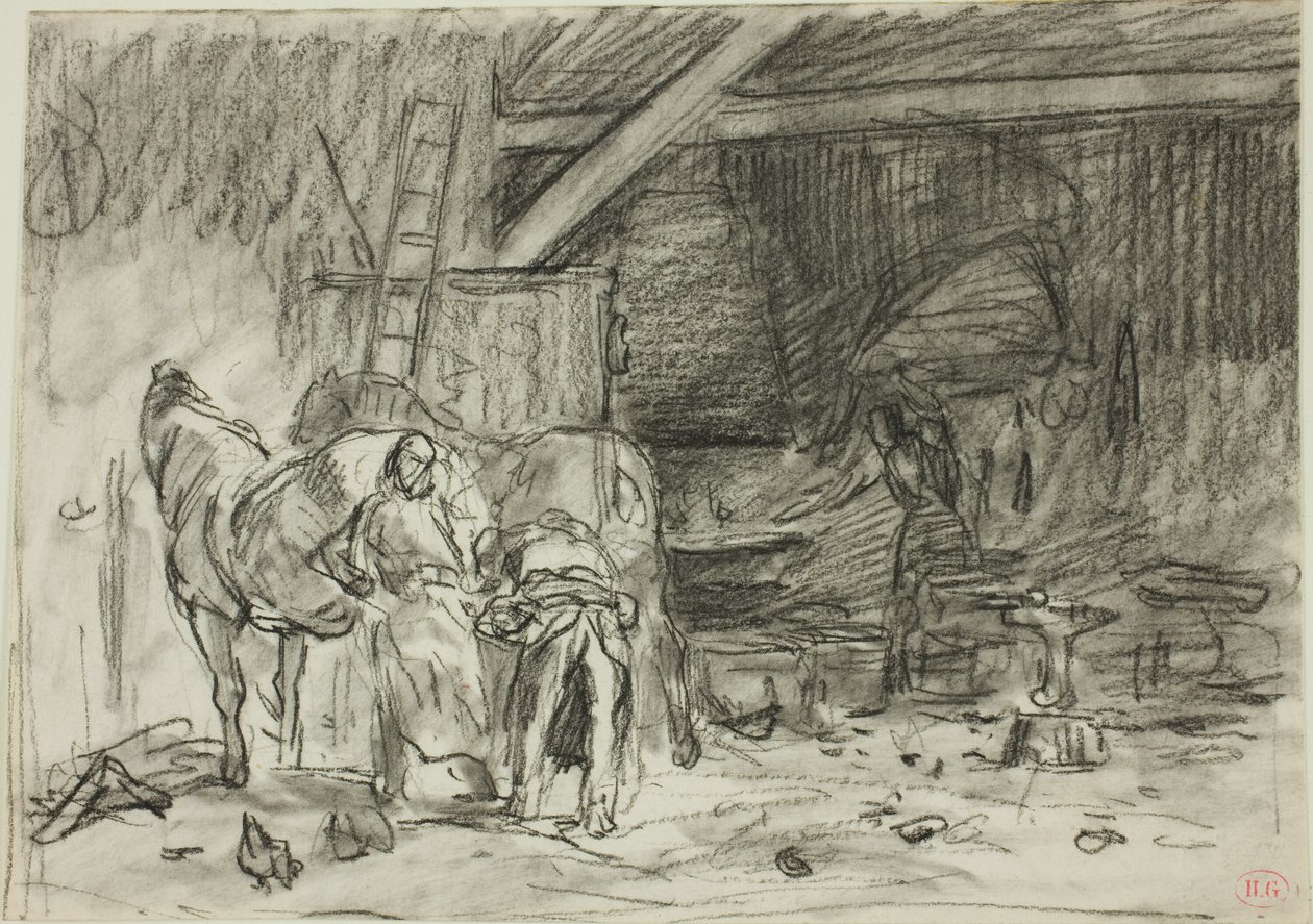 Interiör från en smedja (recto); Man som böjer sig framåt, sedd från Read (verso) av Charles Emile Jacque