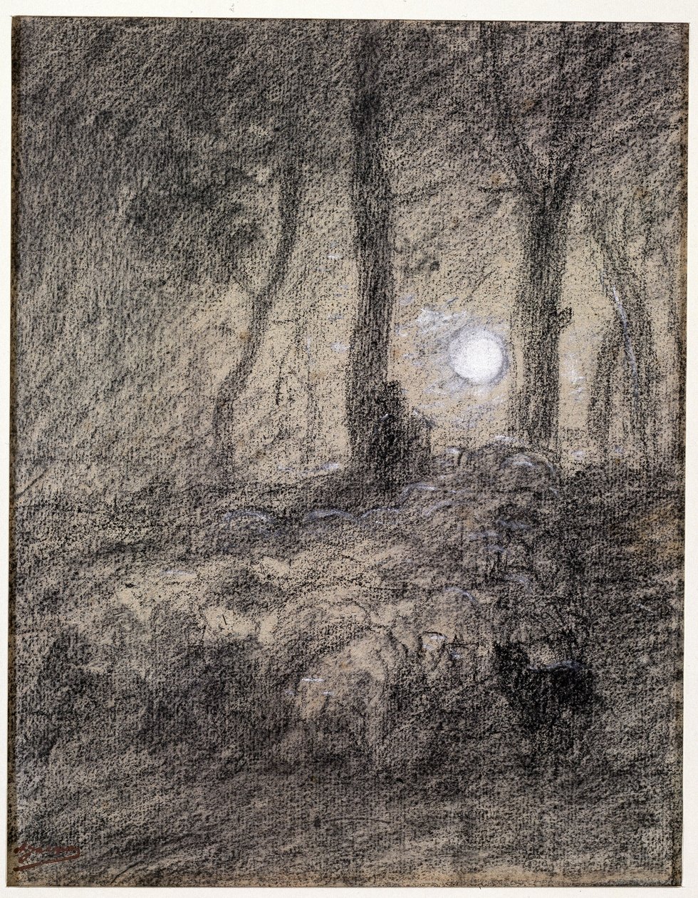 Fårflock i månsken av Charles Emile Jacque