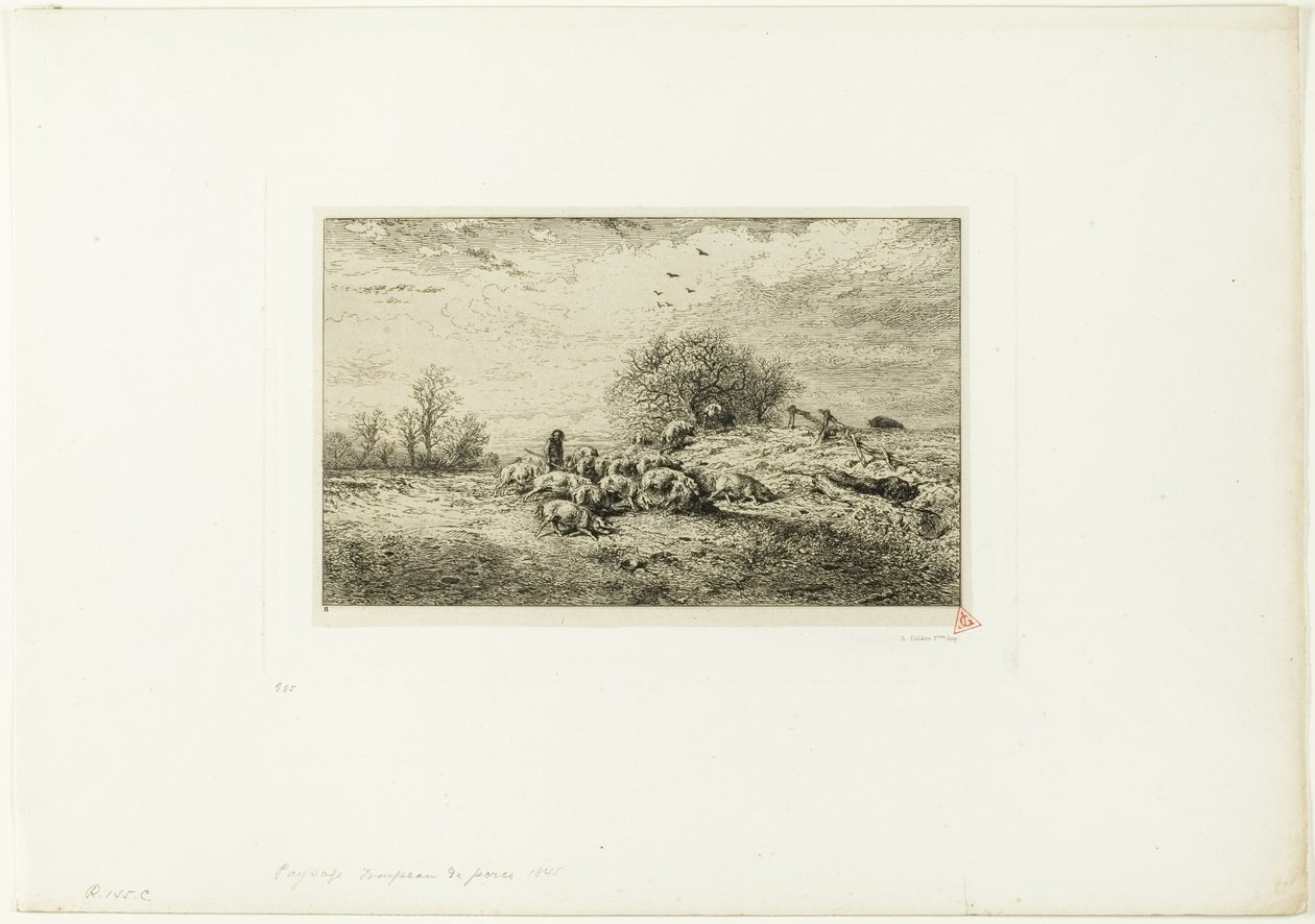 スウェーデンの豚の群れのある風景 av Charles Emile Jacque