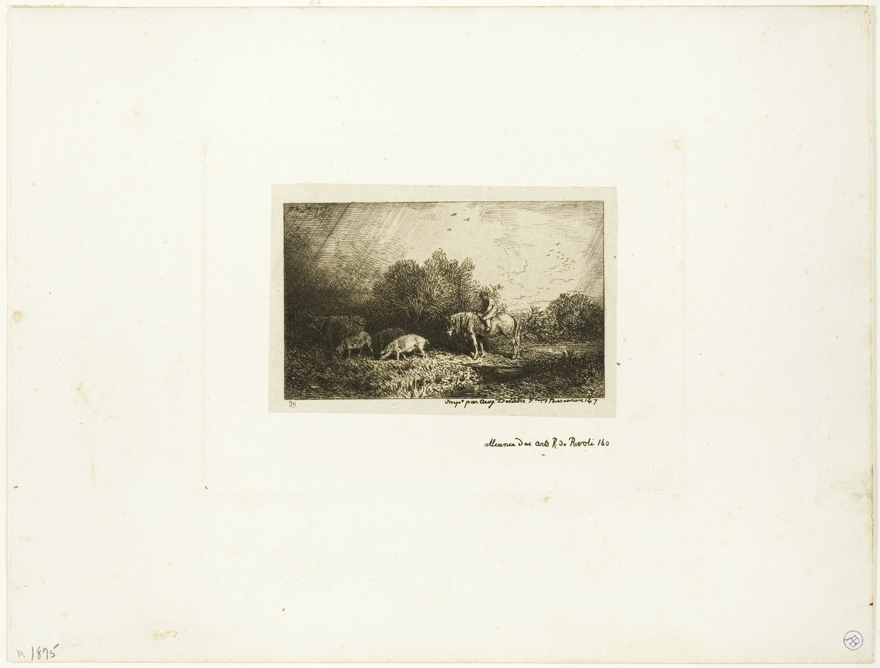 Landskap med man på hästryggen, grisar och ko av Charles Emile Jacque