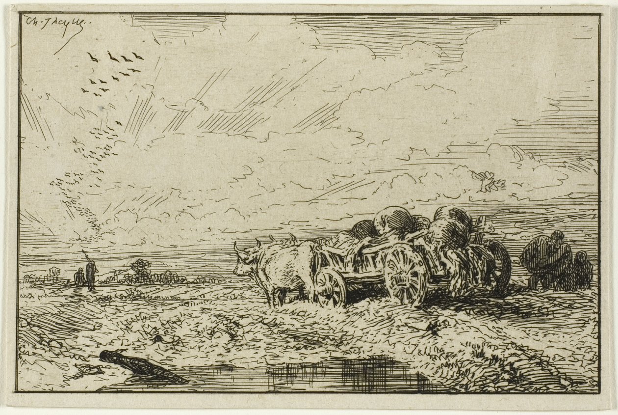Landskap med oxdragen vagn av Charles Emile Jacque