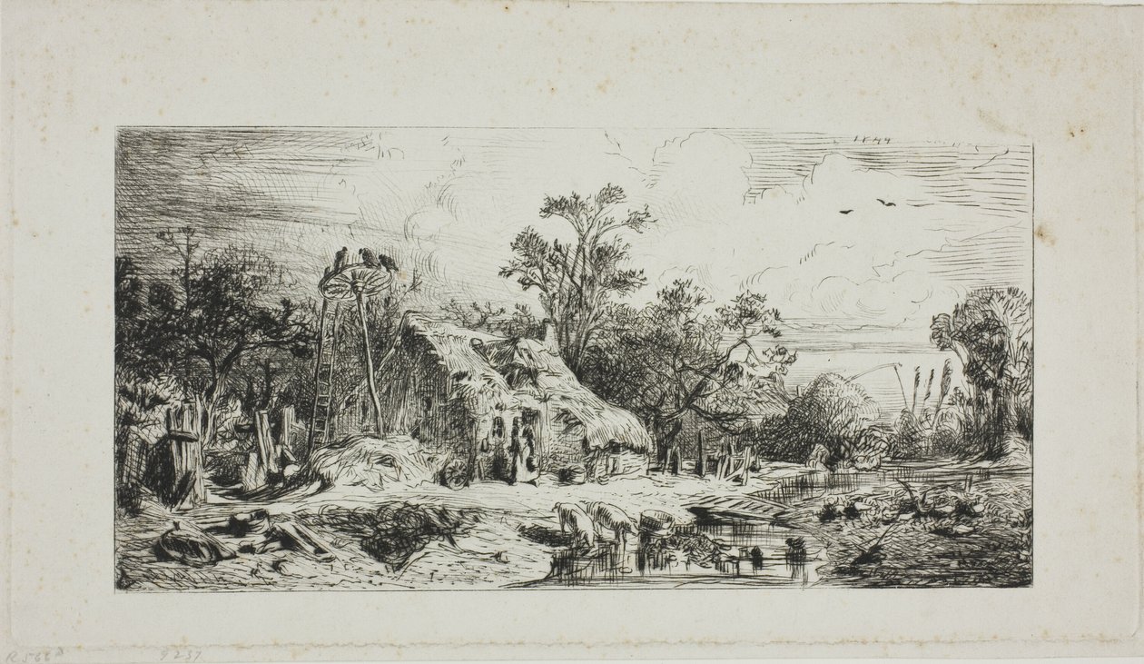 Landskap med stugor med halmtak av Charles Emile Jacque