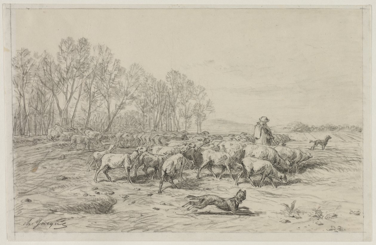 Landskap med en fårflock av Charles Emile Jacque