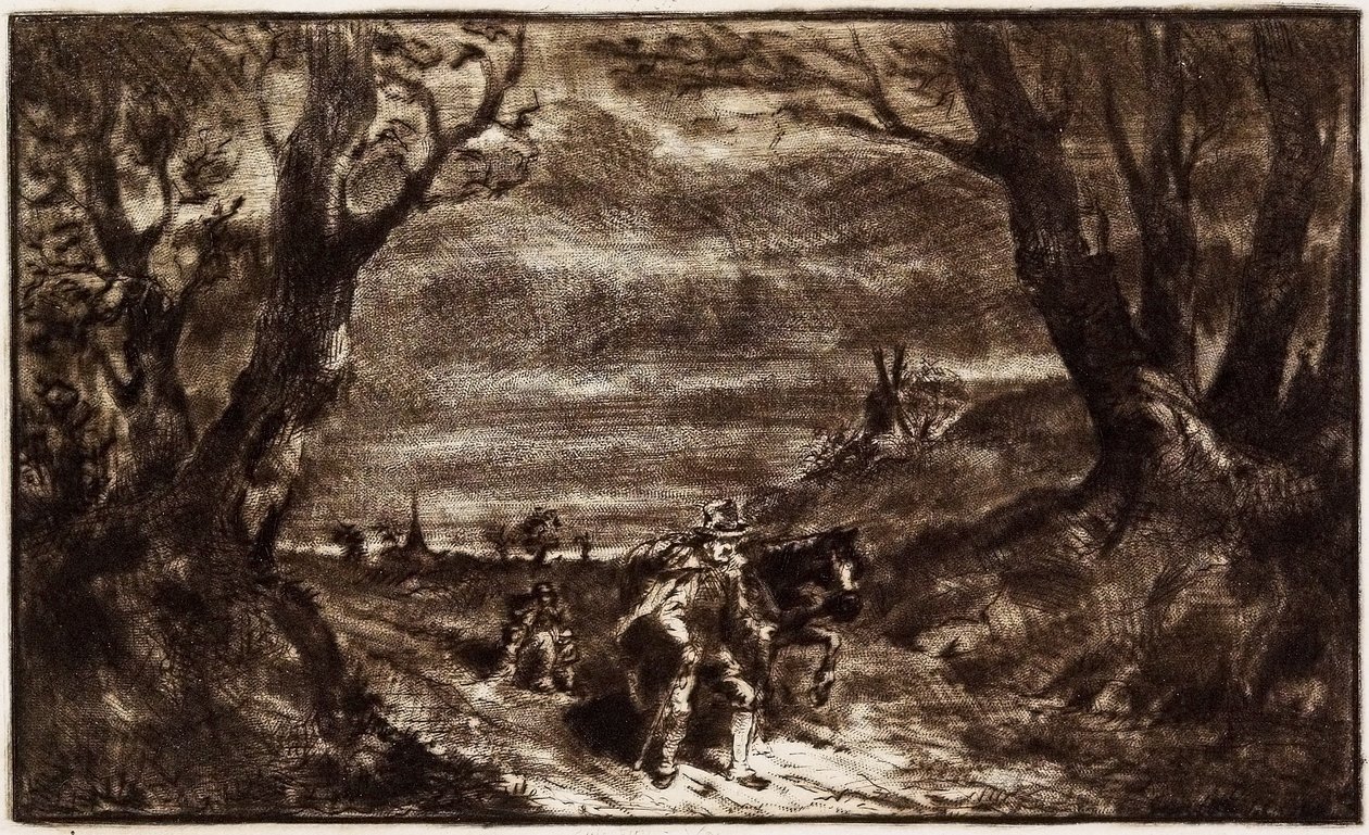 Man Leading Horse, 1800-talet (etsning, torrnål och roulette) av Charles Emile Jacque