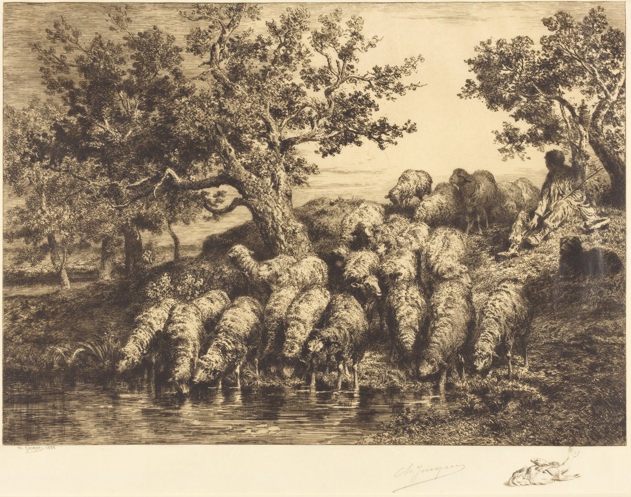 Får vid vattenplatsen av Charles Emile Jacque