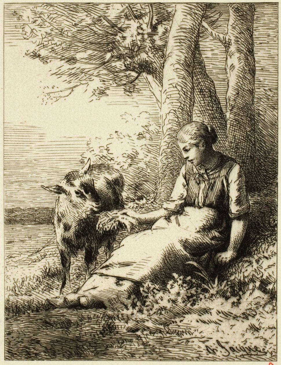 Herde med fårflock vid kanten av trä av Charles Emile Jacque