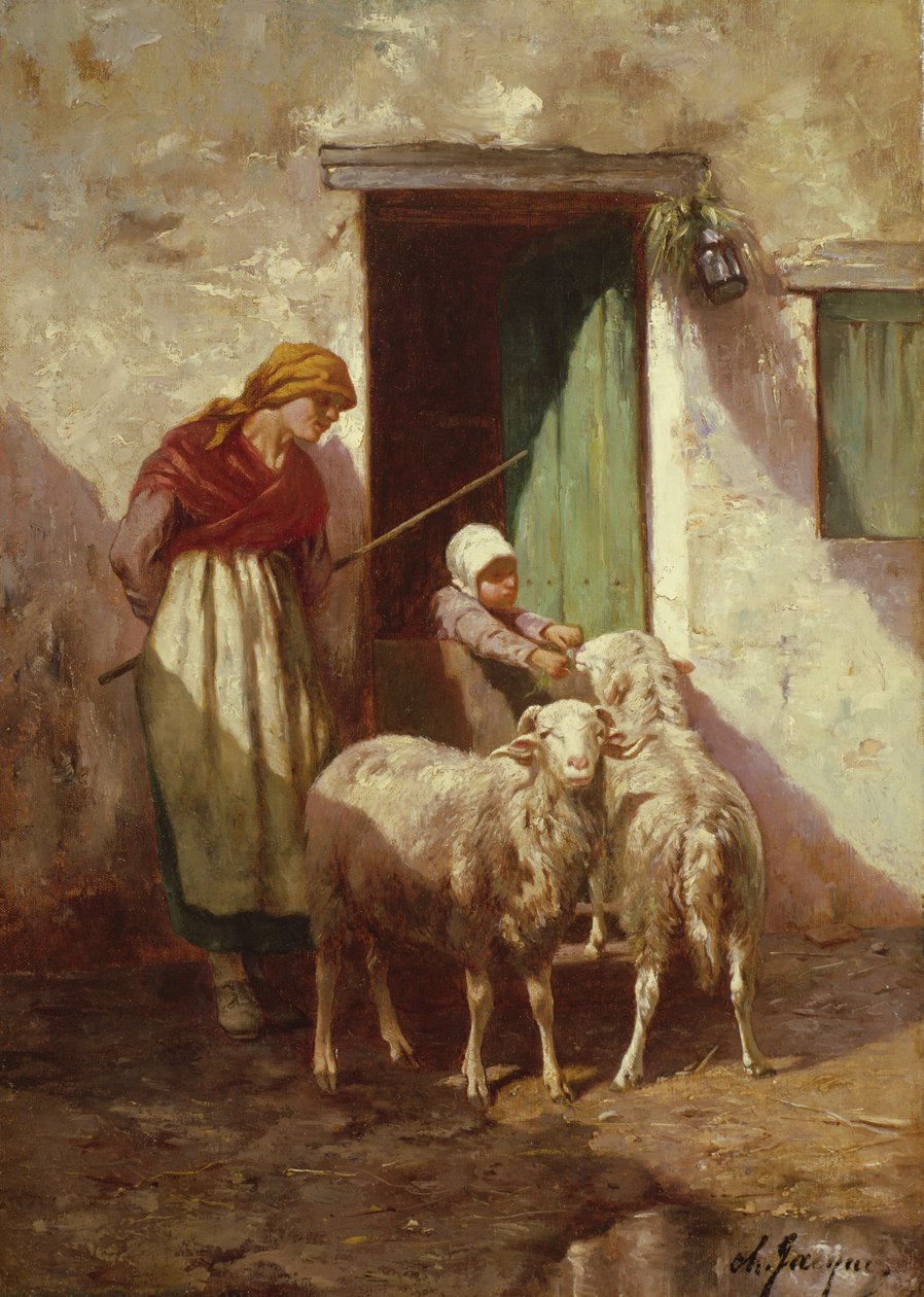 Herdinna med ett barn och två får av Charles Emile Jacque