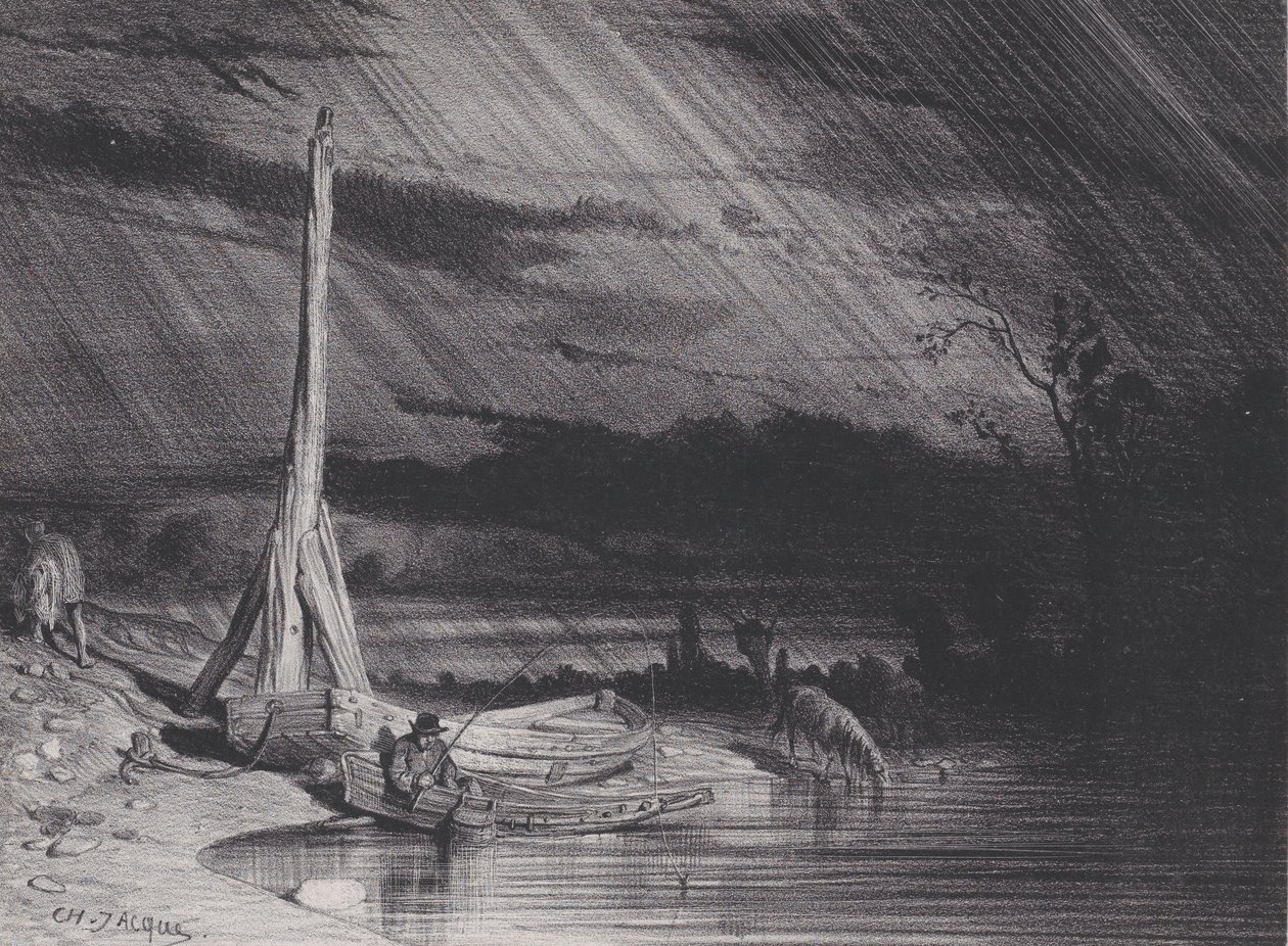 Fiskaren, regnigt väder, ca. 1853. av Charles Emile Jacque