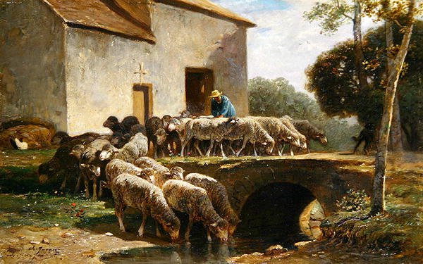 The Flock Leaving (olja på panel) av Charles Emile Jacque