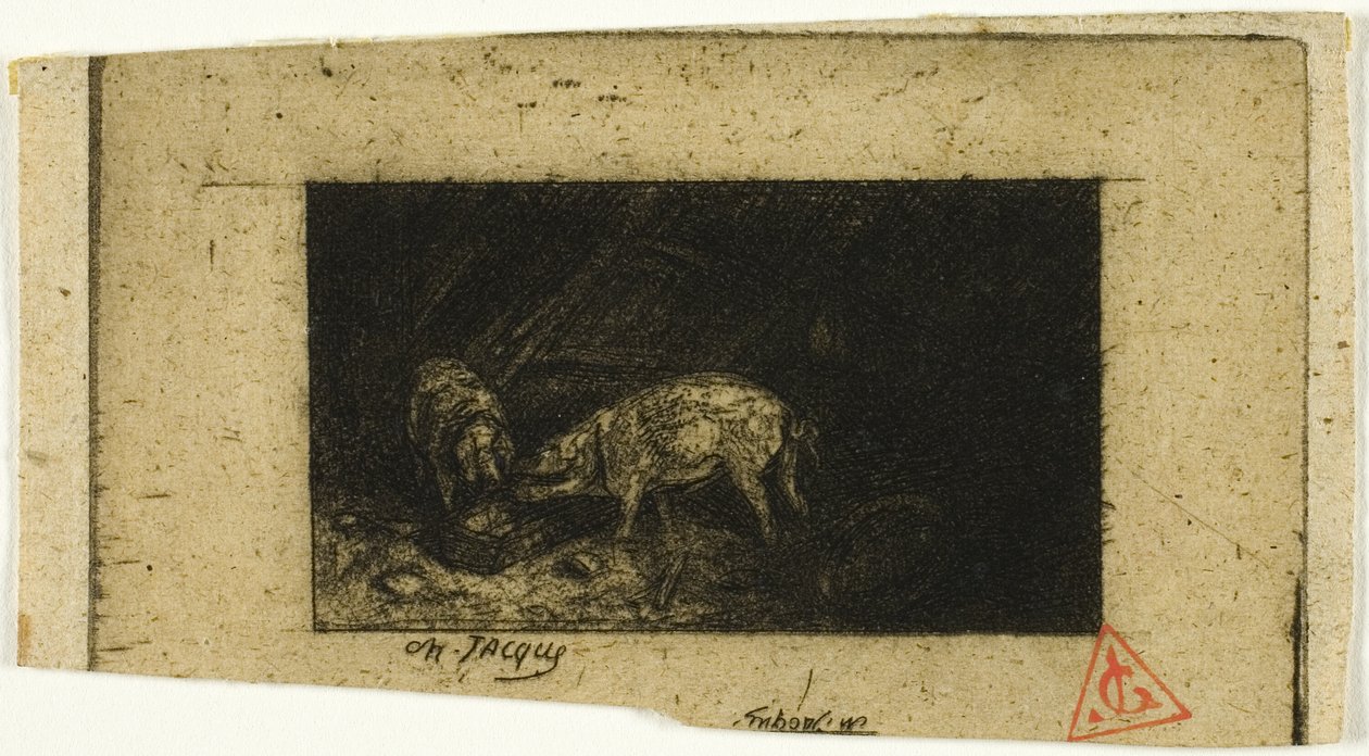 Två grisar som äter från ett tråg av Charles Emile Jacque