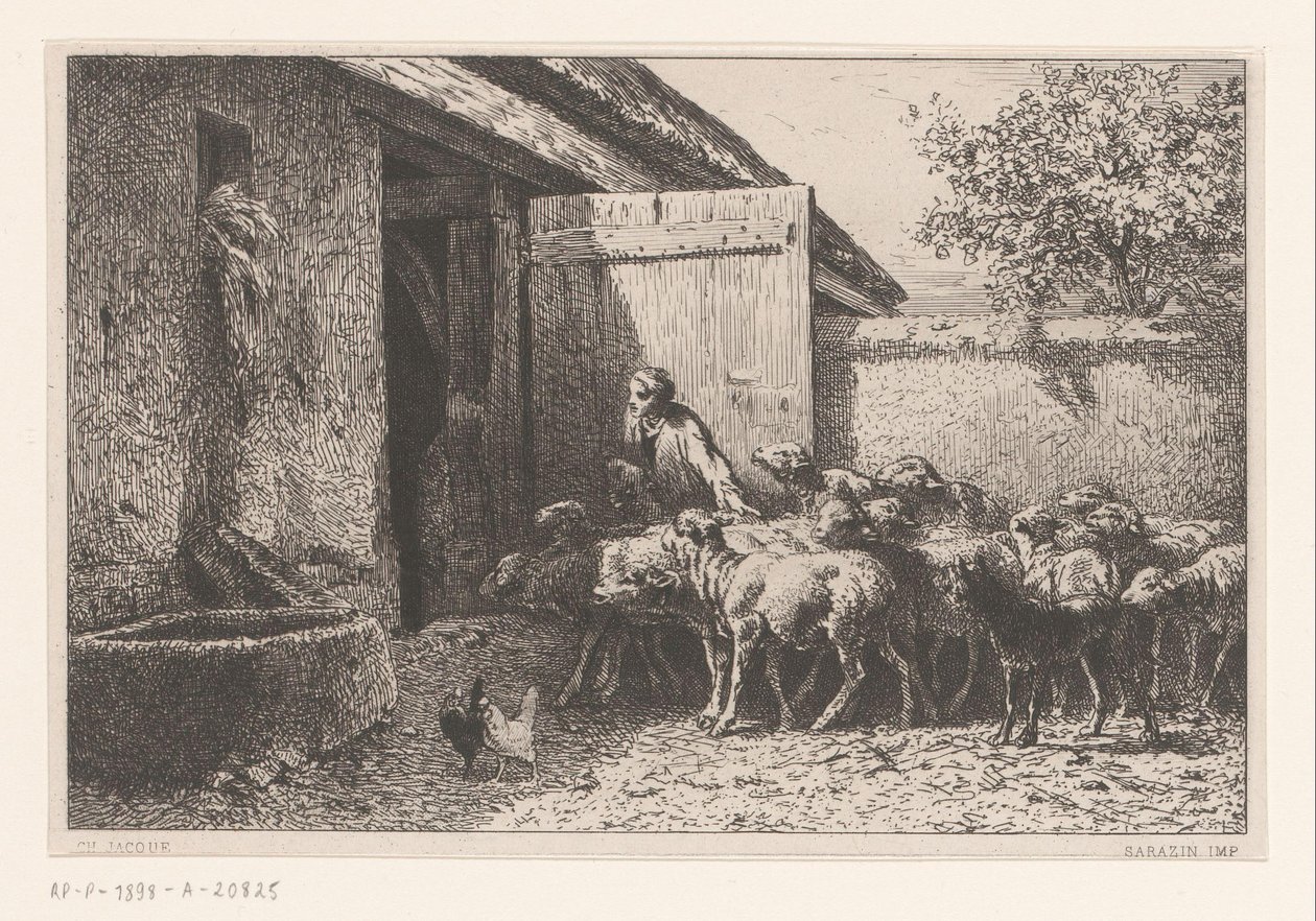 Kvinna som leder fåren till stallet Bergerie av Charles Emile Jacque