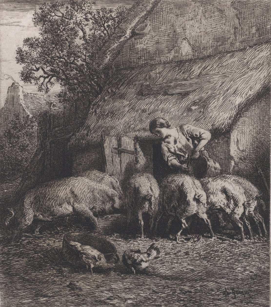 Kvinna som matar grisar, 1850. av Charles Emile Jacque