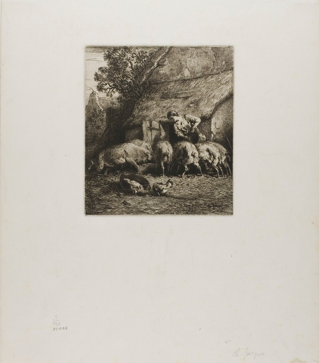 Kvinna matar sex grisar av Charles Emile Jacque